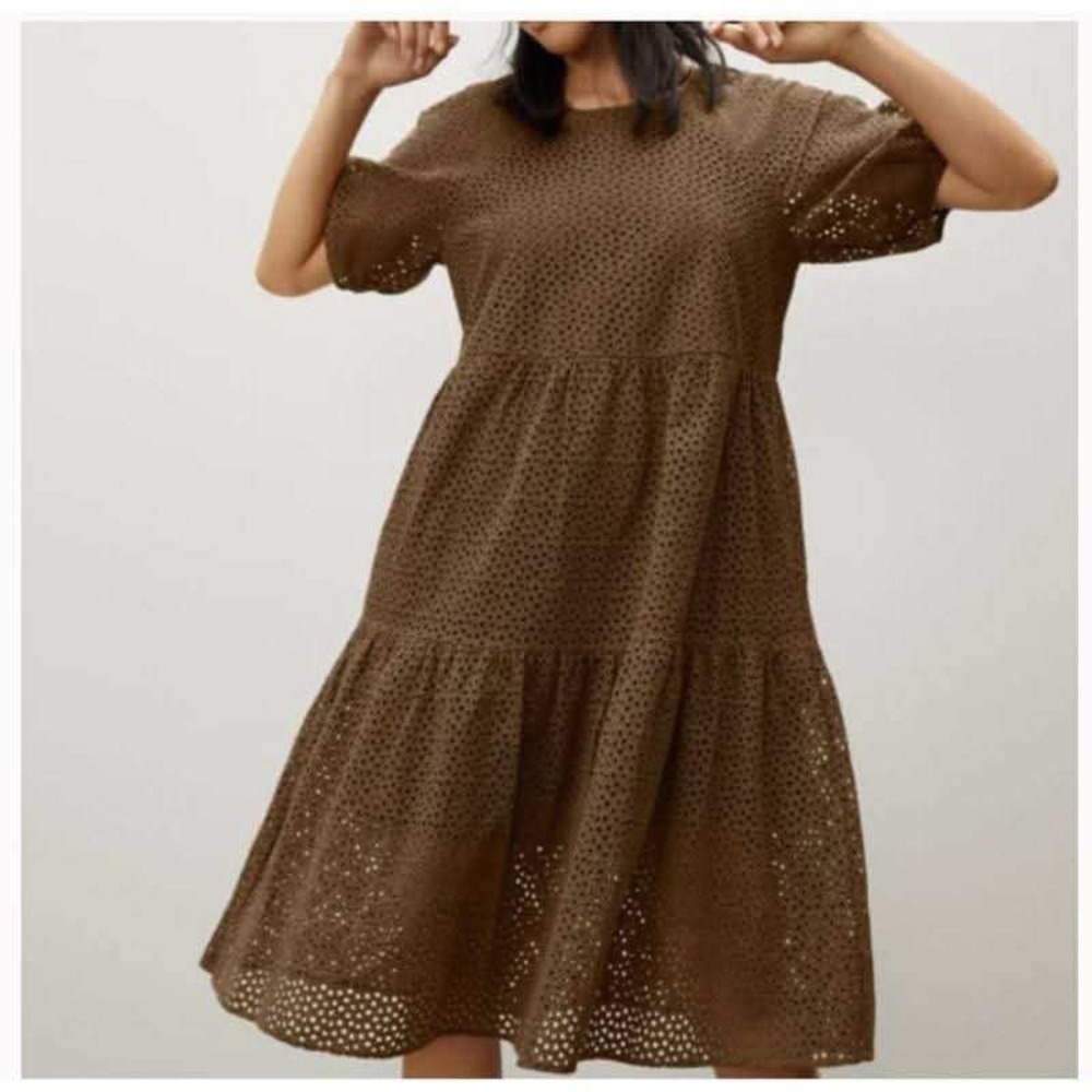 Everlane Brown Cotton Eyelet Tiered Midi‎ Dress Short Puff Sleeve Size Medium M